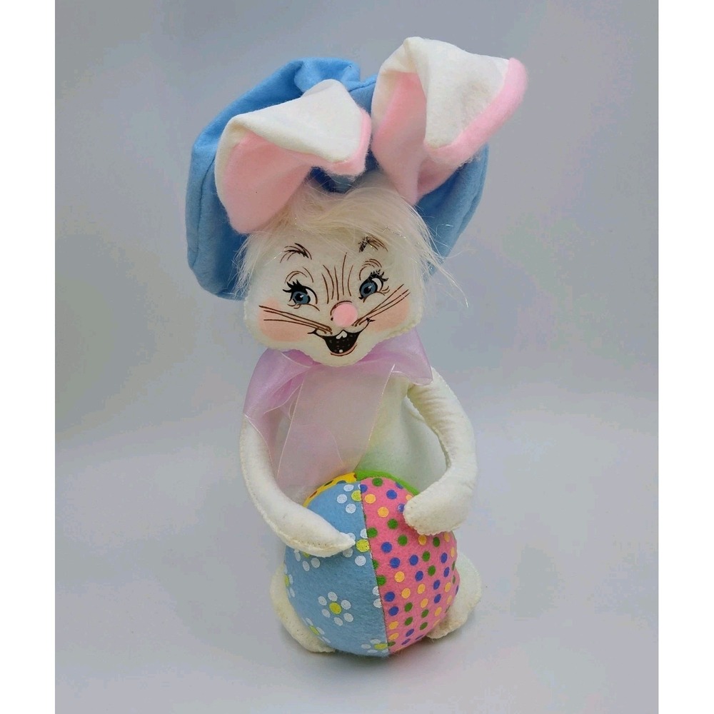 Annalee 14" Easter Bunny Doll 2014 Holding Egg Blue Hat Pink Ears Plush NOTE